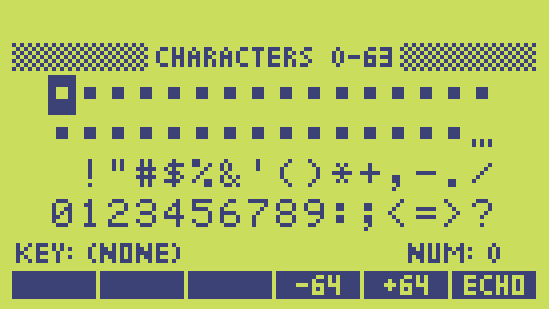 Character Codes 0-63 on the emulator screen