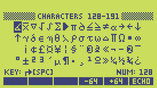 Character Codes 128-191 on the emulator screen