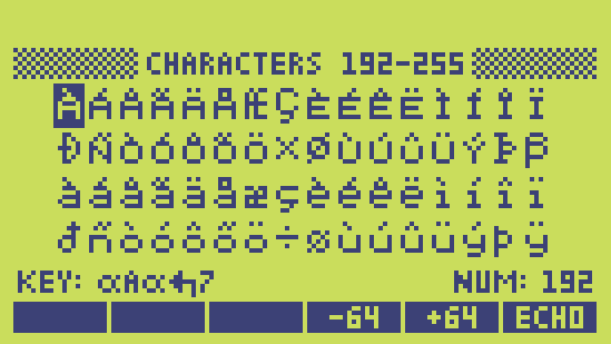 Character Codes 192-255 on the emulator screen