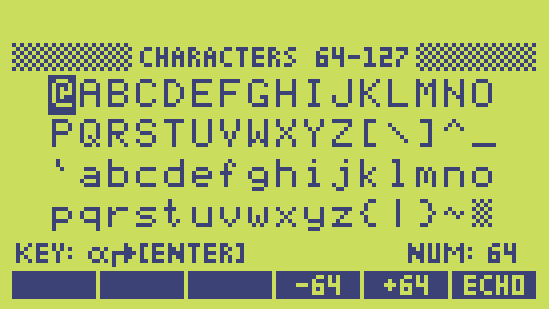 Character Codes 64-127 on the emulator screen